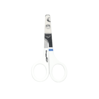 White background with a pair of steel and white Doggyman nail scissors with 'Doggyman' written on the handle.