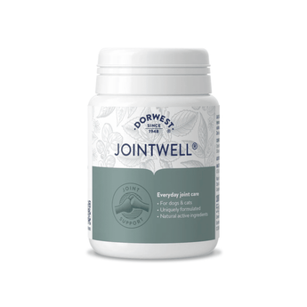 White background with a white and grey tub of Dorwest JointWell tablets. On the pack is a grey banner with white text 'Everyday joint care, for Dogs & Cats, Uniquely formulated, Natural active ingredients'.