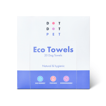 White background with a white and blue box of 20 DOT DOT PET Eco Towels, text on the box states '20 Dog Towels, Natural & hygienic, Eco friendly, Portable and Biodegradable'.