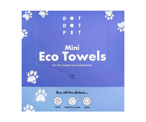 White background with a blue box of 10 DOT DOT PET Mini Eco Towels, text on the box states 'For the bestest mini adventures, Dry off the dirtiest... Paws, Sensitive areas and faces.'