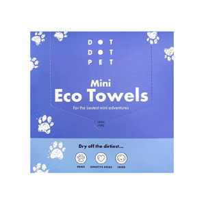 White background with a blue box of 10 DOT DOT PET Mini Eco Towels, text on the box states 'For the bestest mini adventures, Dry off the dirtiest... Paws, Sensitive areas and faces.'