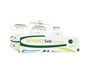 A box of DOUXO Seb Spot-on treatment, featuring a white and green color scheme with product details and usage instructions printed on the packaging.