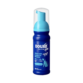 White background with a blue bottle of Douxo Ultra-safe Leave-on Mousse with a pale blue pump.