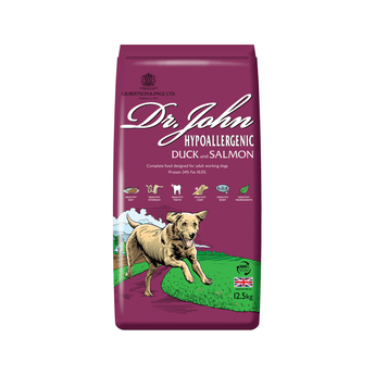 White background with an purple bag of Dr.John Hypoallergenic Duck and Salmon dry food. Pictured on the bag is an illustrated Labrador dog in a farm field.
