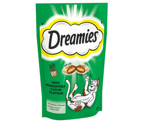 White background with a dark green packet of Dreamies with Irresistible Catnip pictured. On the packet is an illustrated cartoon cat on it's back with an image of the treats above it and an illustrated plant pot. Text on the pack reads 'Dreamies, soft inside, crunchy outside, with Irresistible Catnip.'