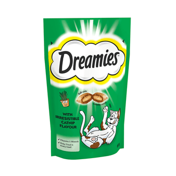 White background with a dark green packet of Dreamies with Irresistible Catnip pictured. On the packet is an illustrated cartoon cat on it's back with an image of the treats above it and an illustrated plant pot. Text on the pack reads 'Dreamies, soft inside, crunchy outside, with Irresistible Catnip.'