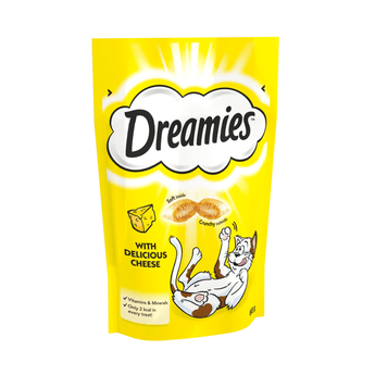 White background with a yellow packet of Dreamies with Delicious Cheese pictured. On the packet is an illustrated cartoon cat on it's back with an image of the treats above it and an illustrated piece of cheese. Text on the pack reads 'Dreamies, soft inside, crunchy outside, with delicious cheese.'