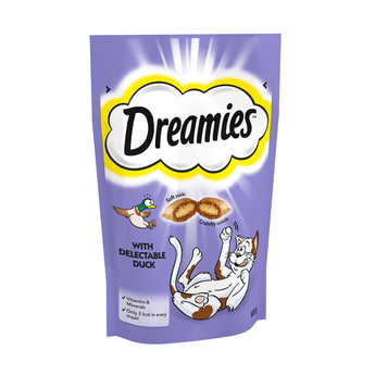 White background with a purple packet of Dreamies with Delectable Duck pictured. On the packet is an illustrated cartoon cat on it's back with an image of the treats above it and an illustrated duck. Text on the pack reads 'Dreamies, soft inside, crunchy outside, with Delectable Duck.'