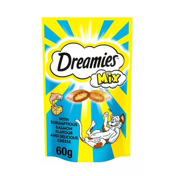 White background with a blue and yellow packet of Dreamies with Scrumptious Salmon and Delicious cheese pictured. On the packet is an illustrated cartoon cat on it's back with an image of the treats above it and an illustrated fish. Text on the pack reads 'Dreamies, soft inside, crunchy outside, with Scrumptious Salmon and Delicious cheese'