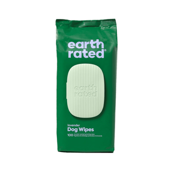White background with a green packet of Earth Rated Lavender Dog wipes, on the packet is text stating '100 Lavender grooming Wipes'