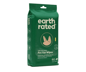 White background with a green packet of Earth Rated Pet Ear wipes, on the packet is an illustrated picture of ears in the centre with text below stating 'Wild oat scent, Pet Ear Wipes'