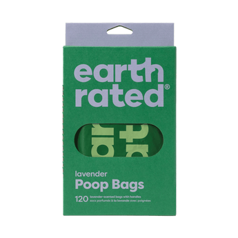 White background with Earth Rated poop bags with handles in green cardboard packaging. On the packaging is text 'Lavender Poop Bags, 120'