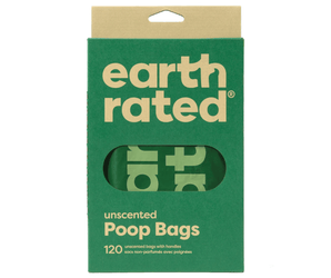 White background with Earth Rated poop bags with handles in green cardboard packaging. On the packaging is text 'Unscented Poop Bags, 120'