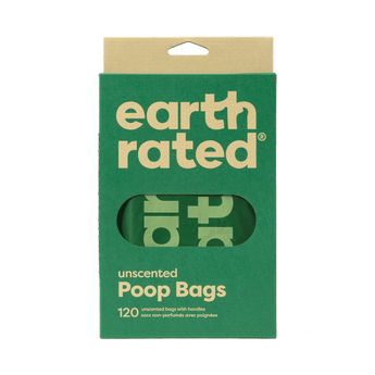 White background with Earth Rated poop bags with handles in green cardboard packaging. On the packaging is text 'Unscented Poop Bags, 120'