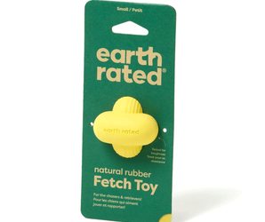 White background with a yellow Small Earth Rated Fetch dog toy attached to a dark green cardboard tag.