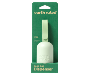 White background with Earth Rated poop bag dispenser in green cardboard packaging. On the packaging is text 'includes 15 bags'.