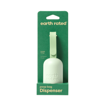 White background with Earth Rated poop bag dispenser in green cardboard packaging. On the packaging is text 'includes 15 bags'.