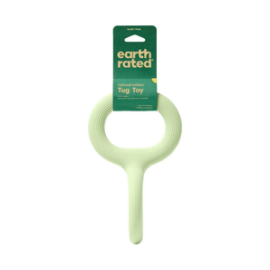 White background with a pale green Small Earth Rated Tug dog toy attached to a dark green cardboard tag.