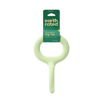 White background with a pale green Small Earth Rated Tug dog toy attached to a dark green cardboard tag.