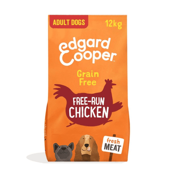 White background with an orange bag of Edgard & Cooper Adult Dog Dry Food Chicken pictured. On the packet is an illustrated French Bulldog and Cocker Spaniel. Text on the pack reads, 'Edgard & Cooper.' A silhouette of a duck has text inside 'Fresh Chicken' and 'Grain Free' above.