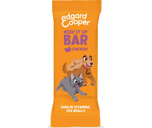 White background with an orange packet of Edgard & Cooper Keep it Up Chicken Bar pictured. On the packet is an illustrated French Bulldog and Cocker Spaniel. Text on the pack reads, 'Edgard & Cooper, Keep it Up Bar, Chicken. High in Vitamins, yes really.'