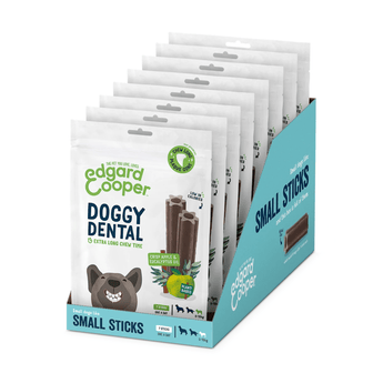 White background with a box containing 8 packets of Edgard & Cooper Doggy Dental Sticks pictured. On the packet is an illustrated French Bulldog with a teethy grin. Text on the pack reads, 'Edgard & Cooper, Doggy Dental, Extra Long Chew Time' with a picture of a stick treat to the right, text next to it reads 'Crisp Apple & Eucalyptus Oil. Plant based.'