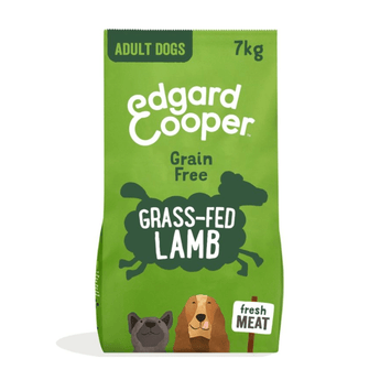 White background with an green bag of Edgard & Cooper Adult Dog Dry Food Lamb pictured. On the packet is an illustrated French Bulldog and Cocker Spaniel. Text on the pack reads, 'Edgard & Cooper.' A silhouette of a sheep has text inside 'Fresh Lamb' and 'Grain Free' above.
