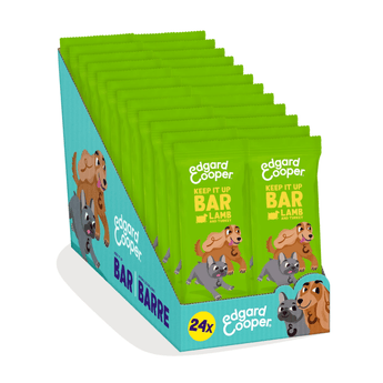 White background with a box of 24 green packet of Edgard & Cooper Keep it Up Lamb & Turkey Bar pictured. On the packet is an illustrated French Bulldog and Cocker Spaniel. Text on the pack reads, 'Edgard & Cooper, Keep it Up Bar, Lamb & Turkey. High in Vitamins, yes really.'