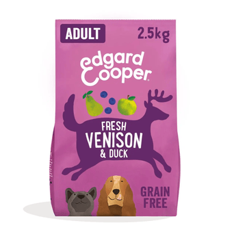 White background with a purple bag of Edgard & Cooper Adult Dog Dry Food Venison and Duck pictured. On the packet is an illustrated French Bulldog and Cocker Spaniel. Text on the pack reads, 'Edgard & Cooper.' A silhouette of a deer has text inside 'Fresh Venison & Duck' and 'Grain Free' below.