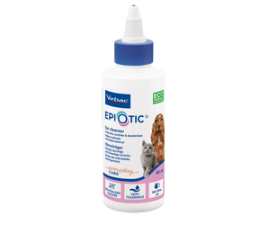 White background with a 60ml bottle of Virbac Epiotic Ear cleanser.