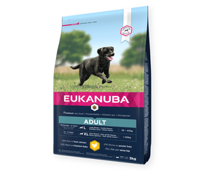 A 3kg bag of Eukanuba Adult dog food, featuring a black dog running in a grassy field on the front packaging, with blue and pink branding.