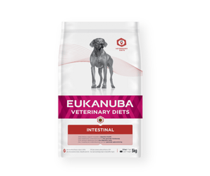 A 5kg bag of Eukanuba Veterinary Diets Intestinal dog food, featuring a white bag with a gray dog illustration, a pink and red logo, and a pink band with the brand name 'EUKANUBA'.