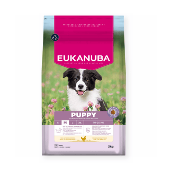 A 3kg bag of Eukanuba Puppy dog food, featuring a black and white Border Collie in a green field on the front of the packaging.