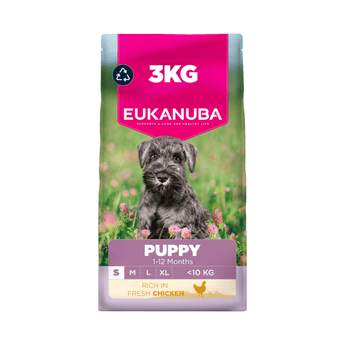 A 3kg bag of Eukanuba Puppy food for small dogs weighing <10kg dogs featuring a grey schnauzer puppy on the front of the packaging.