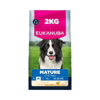 A 2kg bag of Eukanuba Mature dog food for medium dogs weighing 10-25kg dogs featuring a black and white collie on the front of the packaging.