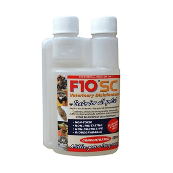 White background with a bottle of F10® SC Concentrated Veterinary Disinfectant 200ml, on the bottle is text 'Safe for all pets! Non-toxic, Non-Irraitating, Non-Corrosive, Biodegradable'. Alongside pictures of a dog, parrot, lizard, frog and cat.