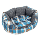 Plaid patterned pet bed with gray interior on a white background