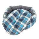 Blue plaid pet bed with gray interior on a white background