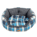 Plaid patterned pet bed with gray interior on a white background