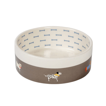 White background with a grey and cream ceramic bowl with illustrated dogs around the outside and blue bones printed on the inside.
