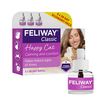 Feliway Classic Happy Cat calming diffuser 3 month refill pack and its purple packaging box, shown on a clean white background.