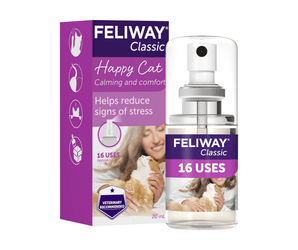 Feliway Classic Happy Cat calming spray bottle and packaging box, featuring purple and white branding with a photo of a woman holding a cat on the box.