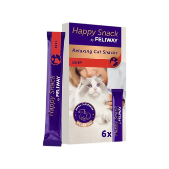 Feliway Happy Snack, Relaxing Cat Snacks in Beef flavour, showing the retail box with a cat photo and two individual purple-and-red stick packs on a white background.