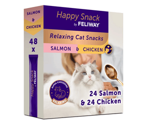 A box of Feliway Happy Snack Relaxing Cat Snacks, Salmon & Chicken flavor, containing 48 pieces. The packaging features a purple and white design with a photo of a white cat on the front, a gold spoon with wet food, and a blue circular seal indicating 'Alpha-Casozepine Relaxing'.
