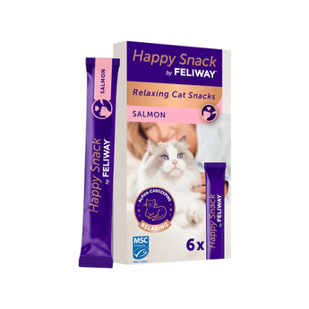 Feliway Happy Snack, Relaxing Cat Snacks Salmon, shown as a 6-pack box with two individual stick packs standing in front on a white background.