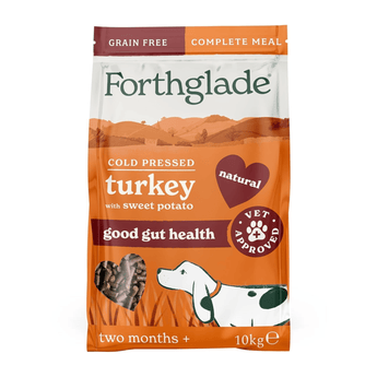 A 10kg bag of Forthglade Turkey with Sweet Potato dry dog food, featuring a white and orange packaging design with a cartoon dog and a heart-shaped graphic.