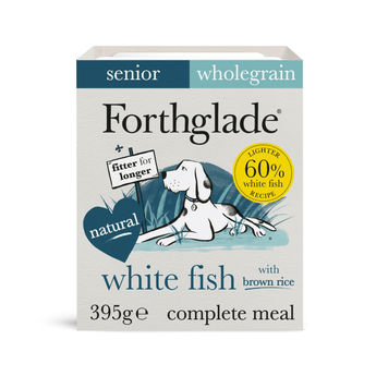 A 395g box of Forthglade Adult White Fish with brown rice complete meal for senior dogs, featuring a white and blue design with an illustration of a dog and a yellow 'Lighter 60% white fish recipe' badge.