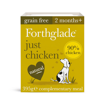 A box of Forthglade Just Chicken grain-free complementary food for dogs aged 2 months and older. The packaging is a mustard yellow color with white and dark brown text, featuring a cartoon illustration of a Dalmatian dog and a heart-shaped badge labeled 'natural'.