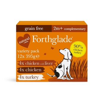 A box of Forthglade Just Chicken variety box grain-free complementary food for dogs aged 2 months and older. The packaging is a orange colour with white and dark brown text, featuring a cartoon illustration of a Dalmatian dog and a heart-shaped badge labelled 'natural'.