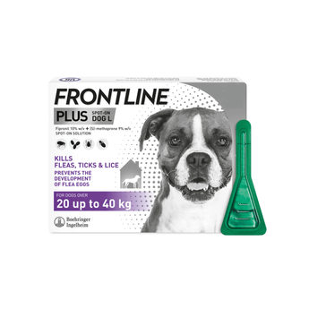 Frontline Plus spot-on for large dogs treatment packaging with a green pipette applicator shown beside the box on a white background.
